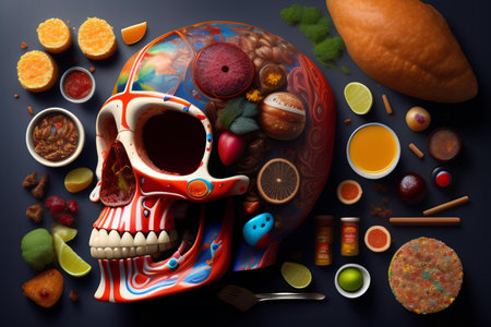 Human skull with food and fruit on dark background. Halloween concept.の素材