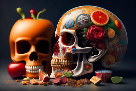 Skull with fruit and candies on a dark background. Halloween concept.の素材