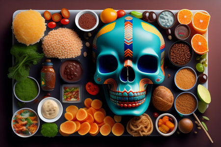 3d illustration of a human skull surrounded by various food ingredients.の素材