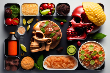 Healthy eating concept. Top view of food in containers on grey backgroundの素材