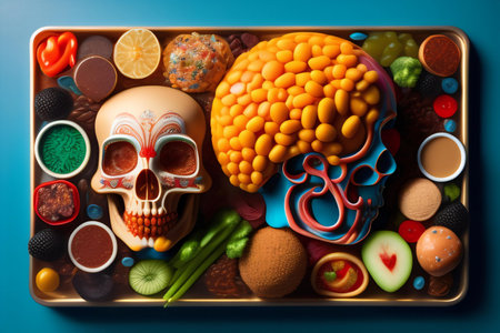 Sugar skull with food in box on blue background. Halloween conceptの素材