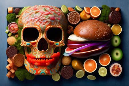 Funny skull made of food on blue background. Halloween concept.の素材