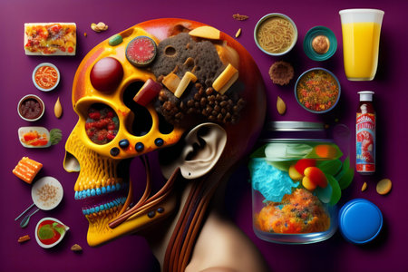 3d illustration of human skull with various food ingredients over purple backgroundの素材