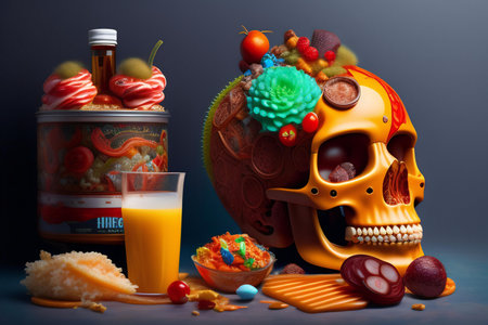 Halloween still life with human skull, candies and orange juiceの素材