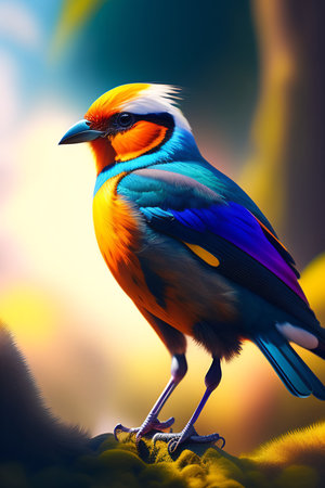 Colorful bird on a background of yellow flowers. 3d renderingの素材