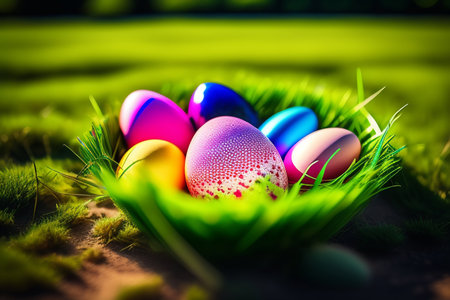Colorful easter eggs in nest on green grass with bokeh backgroundの素材