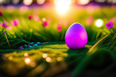 Easter egg in the grass with bokeh lights background.の素材