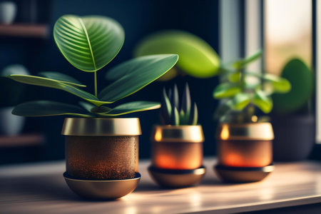 Three pots with house plants on the windowsill in the living roomの素材