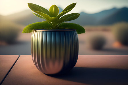 3d render of succulent plant in a pot on wooden tableの素材