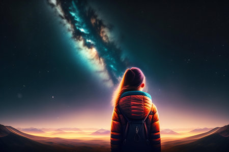 Young woman looking at the milky way in the night sky.の素材