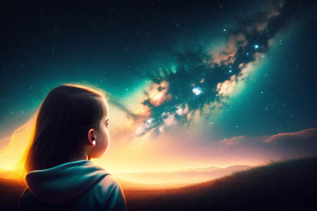 Cute little girl looking at night sky with aurora borealisの素材