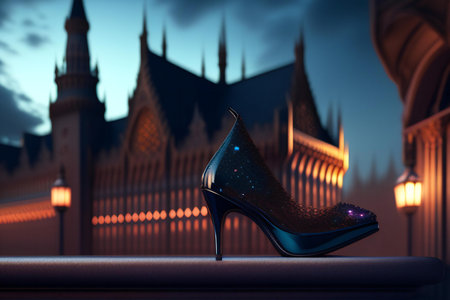 Black high heel shoe on the background of a palace. 3d renderingの素材