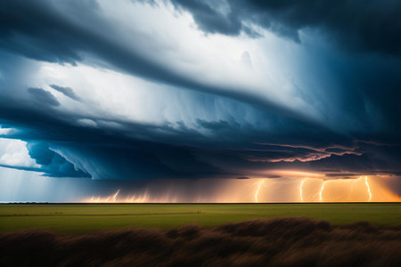 Thunderstorm over the field, thunderstorm in the sky, nature seriesの素材