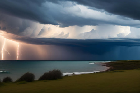Dramatic stormy sky with rain and lightning over the sea.の素材