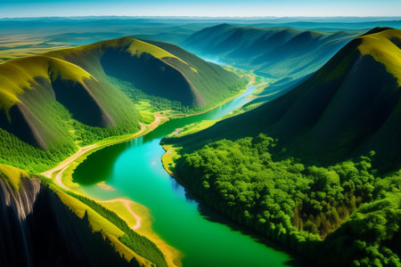 Aerial view of a mountain lake in the middle of a green valleyの素材