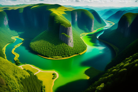 Aerial view of the beautiful lake in the mountains. 3d renderingの素材