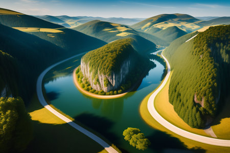 Aerial view of a winding road in the mountains. 3d renderingの素材