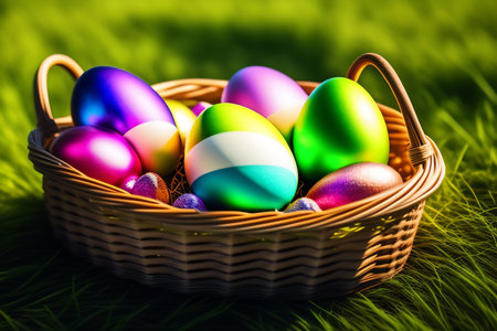 Colorful easter eggs in a basket on a green grass backgroundの素材