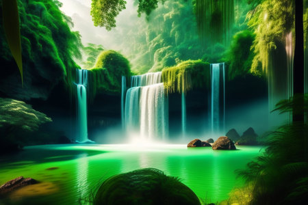 waterfall in green forest - 3d rendering for background or wallpaperの素材