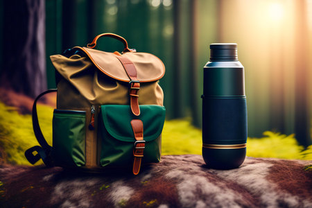Traveler backpack and thermos on the background of the forest.の素材