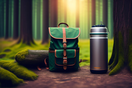 Backpack and thermos in the forest. 3d rendering.の素材