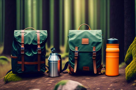 Camping backpack and thermos in the forest. Travel concept.の素材