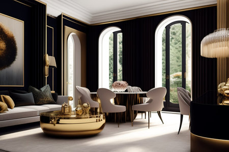 Interior of modern living room with black and gold walls, wooden floor, golden armchairs and round coffee table with gold accessories. 3d renderingの素材