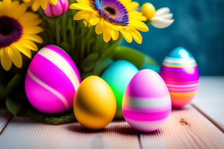 Colorful easter eggs and flowers on wooden background. Happy Easter!の素材