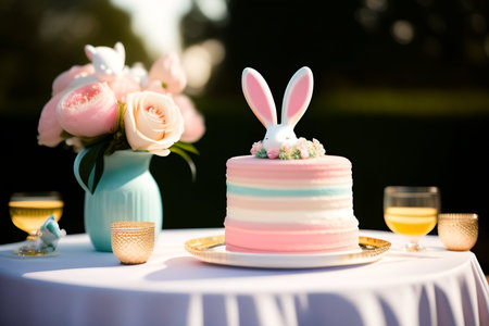 Easter cake decorated with flowers and bunny ears on a white tableの素材