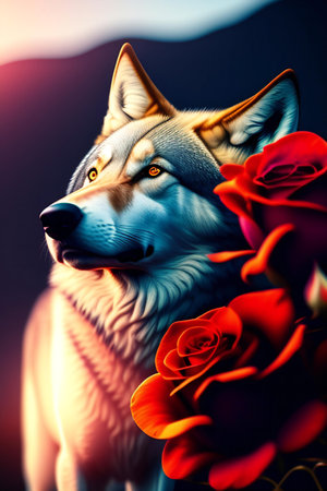 Portrait of a wolf with a bouquet of red roses.の素材