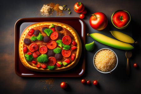 Healthy vegetarian pizza with fruits and vegetables on a black background.の素材