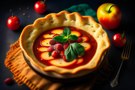 Tart with raspberries and cherry tomatoes on a black backgroundの素材