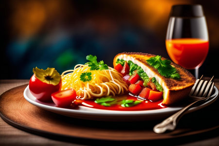Spaghetti with tomato sauce and parsley on a wooden table.の素材