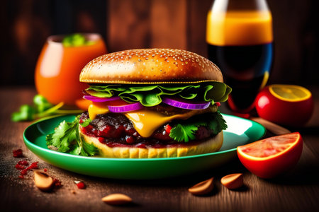 Cheeseburger with fresh vegetables and fruits on wooden background.の素材