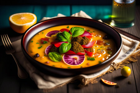 Pumpkin soup in a bowl on a wooden background. Selective focus.の素材