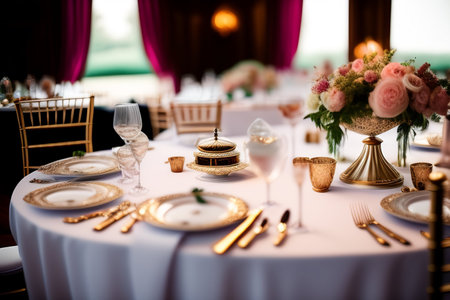 Wedding table set with golden cutlery and plates.の素材
