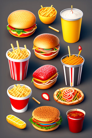 Fast food set with hamburgers, french fries and soda drinks on dark background vector illustrationの素材