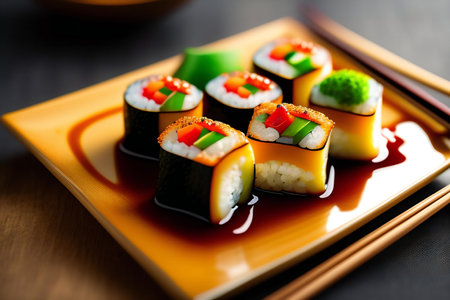 Sushi rolls on a yellow plate on a dark background. Japanese foodの素材
