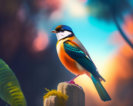 Colorful bird sitting on a wooden fence with a blurred background.の素材