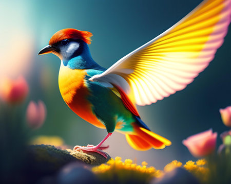 Colorful bird on a flower background. Bird with wings spread.の素材