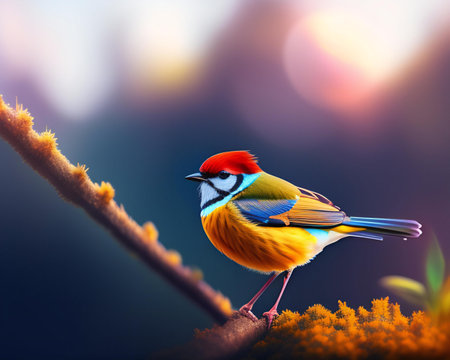 Colorful bird on the branch with beautiful bokeh background.の素材