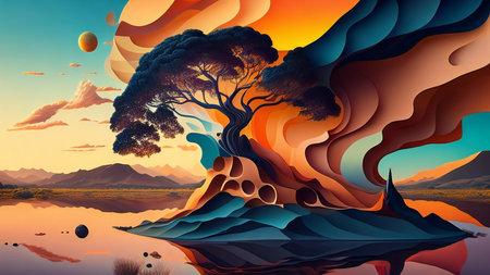 Landscape with mountains, lake and tree at sunset. Vector illustrationの素材