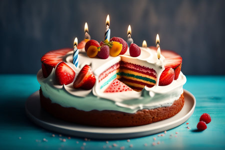 Birthday cake with candles on blue wooden background. Toned. 3d renderの素材