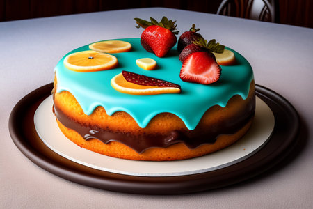 Chocolate cake with blue icing decorated with strawberries, lemons and oranges. 3d renderの素材