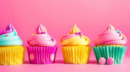 Colorful cupcakes on pink background. Copy space for text.の素材