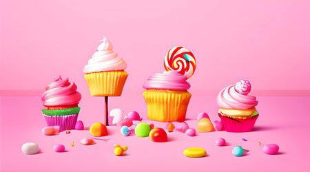 Cupcakes with candies and lollipops on pink backgroundの素材