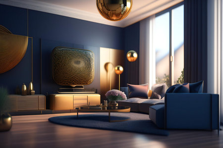 Modern living room interior with blue walls, wooden floor, blue sofa and tv. 3d renderの素材