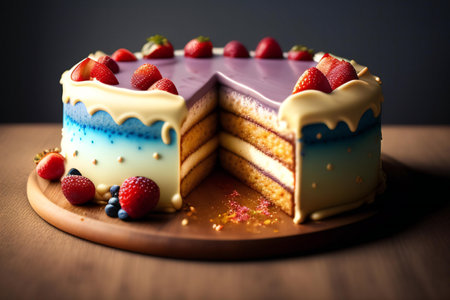 Colorful cake with strawberries and blueberries on a wooden table.の素材