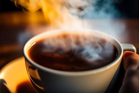 Coffee cup with steam on wooden table. Selective focusの素材