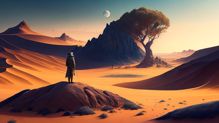 Fantasy alien planet. 3D illustration of a man in the desert.の素材